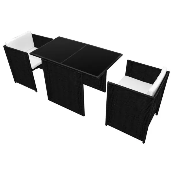 Set bistro cu perne, 3 piese, negru, poliratan