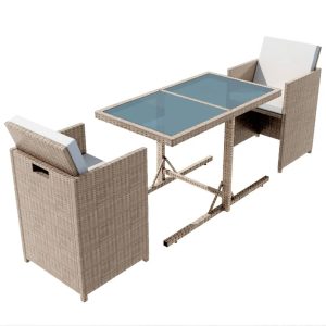 Set bistro cu perne, 3 piese, bej, poliratan