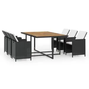 Set mobilier de exterior cu perne, 11 piese, negru, poliratan
