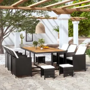 Set mobilier de exterior cu perne, 11 piese, negru, poliratan