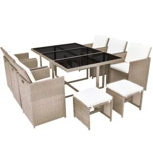 Set mobilier de exterior cu perne, 11 piese, bej, poliratan