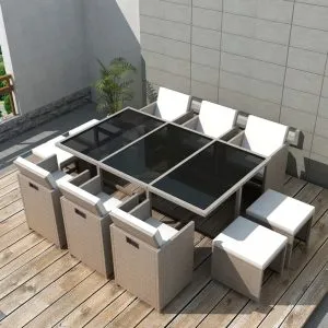 Set mobilier de exterior cu perne, 11 piese, bej, poliratan