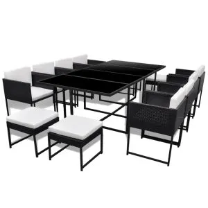 Set mobilier de exterior cu perne, 13 piese, negru, poliratan
