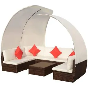 Set mobilier de grădină cu baldachin, 9 piese, maro, poliratan