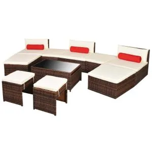 Set mobilier de grădină cu perne, 10 piese, maro, poliratan