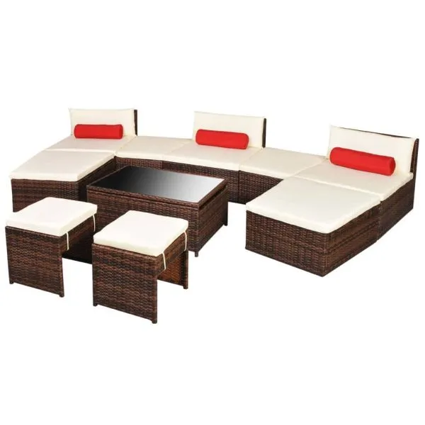 Set mobilier de grădină cu perne, 10 piese, maro, poliratan