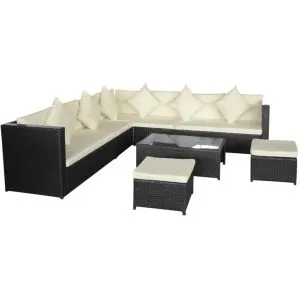 Set mobilier de grădină cu perne, 8 piese, negru, poliratan