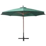 Umbrelă de soare suspendată 350 cm, stâlp din lemn, verde