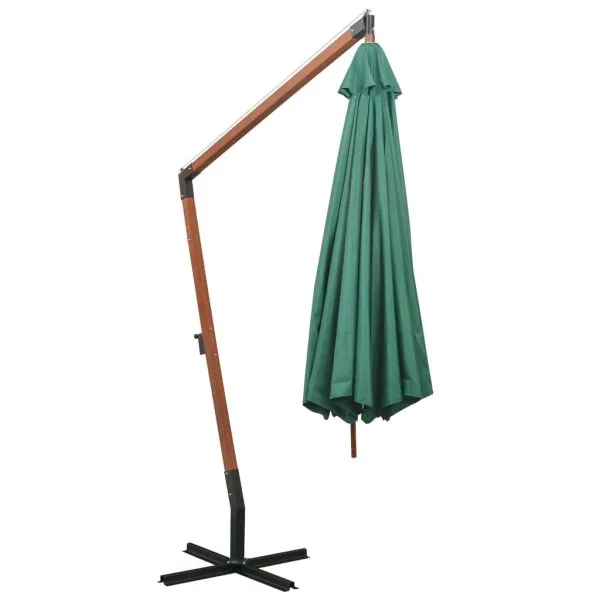 Umbrelă de soare suspendată 350 cm, stâlp din lemn, verde