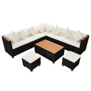 Set mobilier de grădină cu perne, 7 piese, negru, poliratan