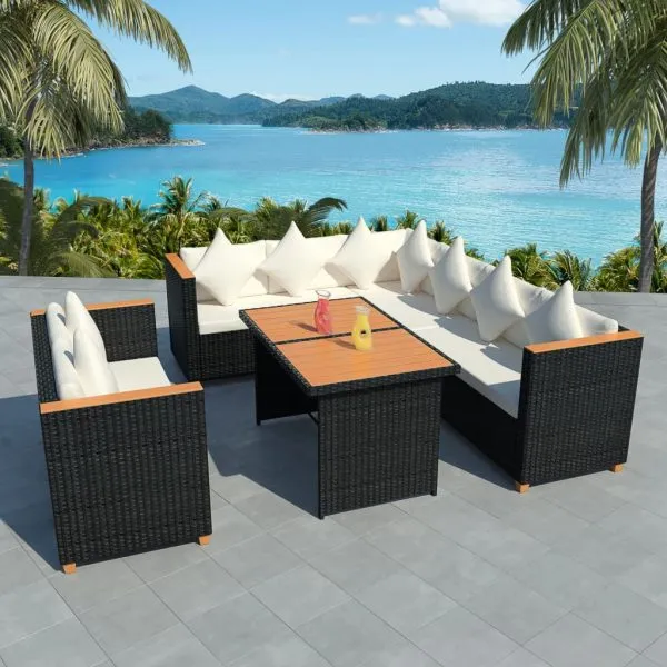 Set mobilier de grădină cu perne, 5 piese, negru, poliratan