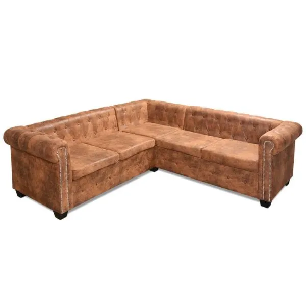 Canapea colțar Chesterfield, 5 locuri, maro, piele ecologică