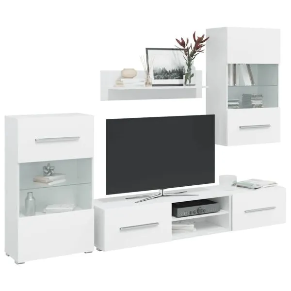Set mobilier comodă TV de perete, 5 piese, iluminare LED, alb