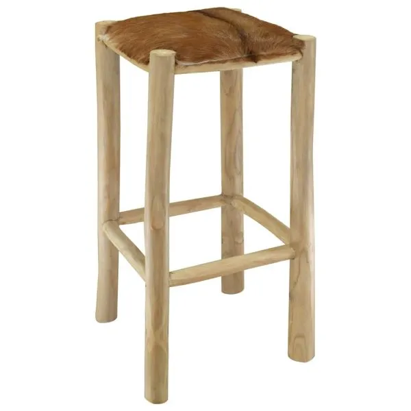Taburet de bar, piele naturală și lemn masiv de tec