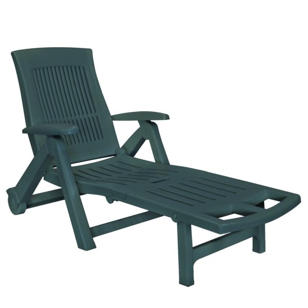 Șezlong de plajă cu suport picioare, verde, plastic
