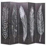 Paravan cameră pliabil, negru&alb, 200 x 170 cm, imprimeu pene