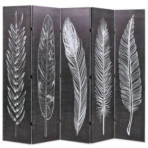 Paravan cameră pliabil, negru&alb, 200 x 170 cm, imprimeu pene