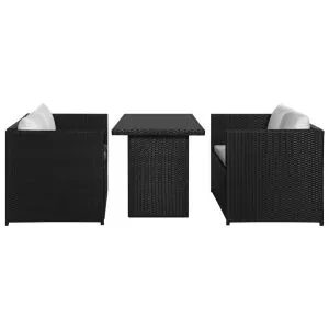 Set mobilier de grădină cu perne, 3 piese, negru, poliratan