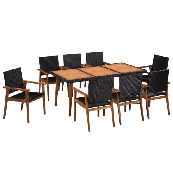 Set mobilier de exterior, 9 piese, negru și maro, poliratan