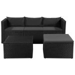 Set mobilier de grădină, 3 piese, negru & gri, poliratan