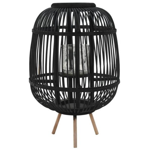 Suport lumânări tip felinar vertical, negru, bambus