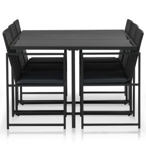 Set mobilier de exterior cu perne, 7 piese, negru, poliratan