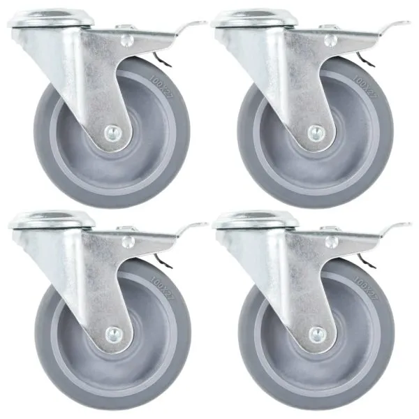 Roți pivotante cu gaură șurub, frâne duble, 4 buc., 100 mm