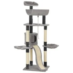 Ansamblu pentru pisici cu stâlpi din funie de sisal, gri, 145cm