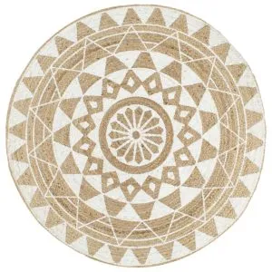 Covor manual cu imprimeu alb, 150 cm, iută