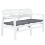 Bancă de grădină cu 2 locuri, perne, alb, 133 cm, plastic