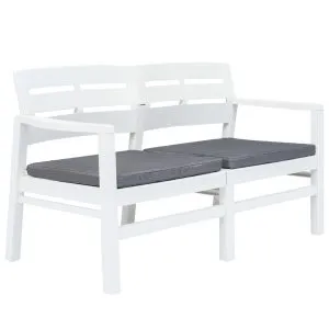Bancă de grădină cu 2 locuri, perne, alb, 133 cm, plastic