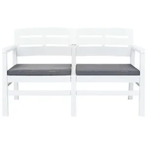 Bancă de grădină cu 2 locuri, perne, alb, 133 cm, plastic