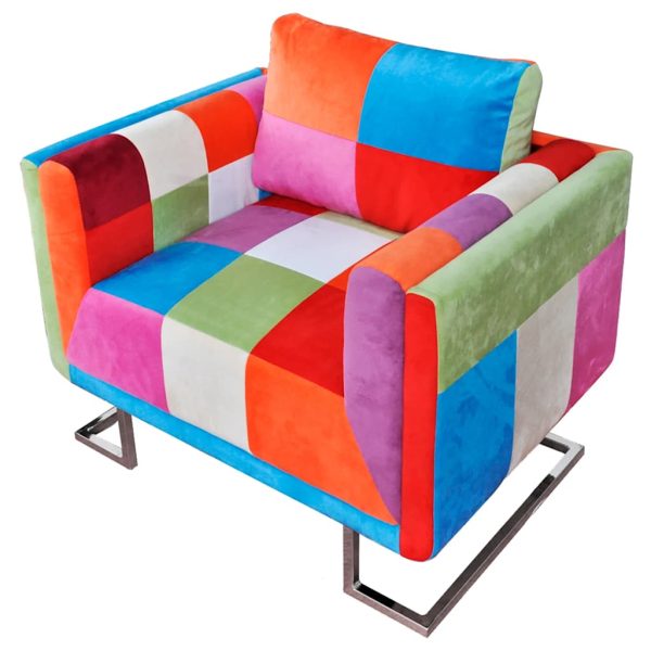 Fotoliu cub, picioare cromate, model Patchwork, material textil