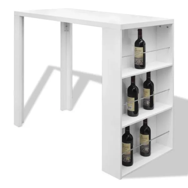 Masă de bar din MDF, cu suport pentru sticle de vin, alb lucios