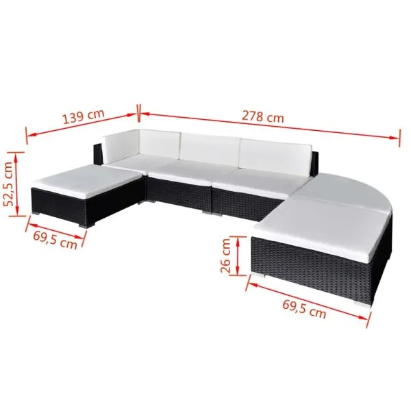 Set mobilier de grădină cu perne, 6 piese, negru, poliratan
