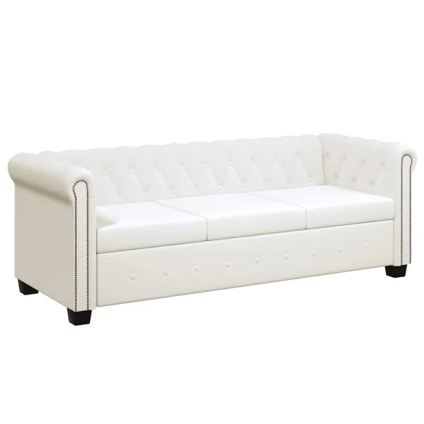 Canapea Chesterfield cu 3 locuri, piele artificială, alb