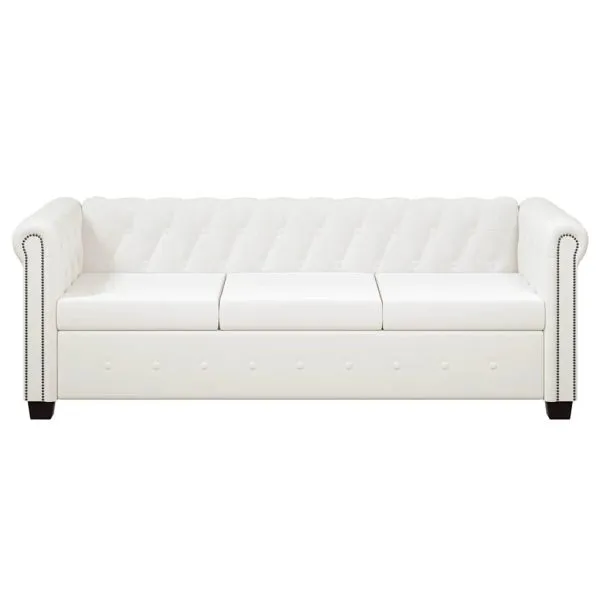 Canapea Chesterfield cu 3 locuri, piele artificială, alb