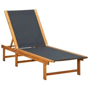 Șezlong de plajă cu masă, lemn masiv de acacia & textilenă