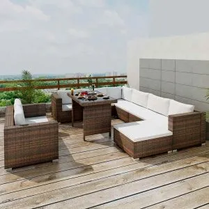 Set mobilier de grădină cu perne, 10 piese, maro, poliratan