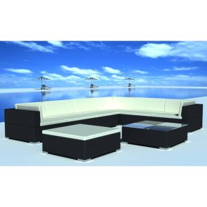 Set mobilier de grădină cu perne, 8 piese, negru, poliratan