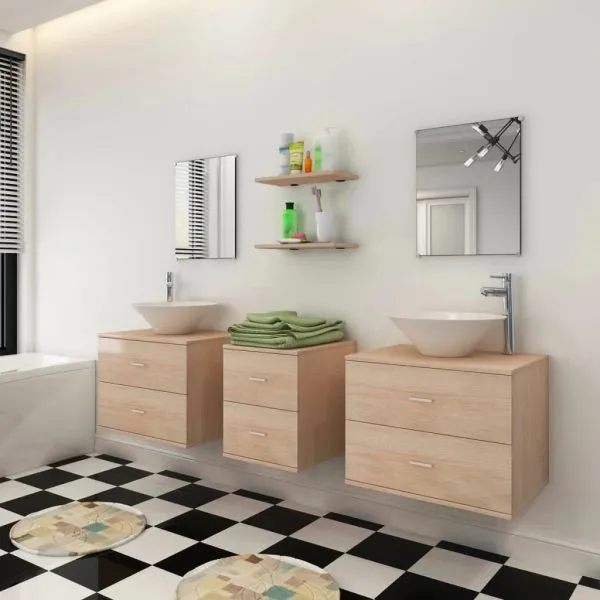 Set de mobilier de baie cu 7 piese și chiuvete incluse, bej