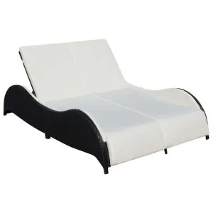 Șezlong de plajă dublu cu pernă, negru, poliratan