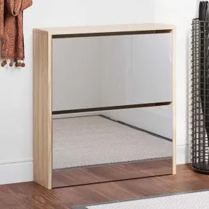 Pantofar cu oglindă 2 niveluri, culoare stejar, 63 x 17 x 67 cm