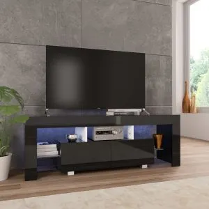 Comodă TV cu lumini LED, negru extralucios, 130x35x45 cm
