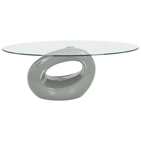 Măsuță de cafea cu blat de sticlă oval, gri lucios