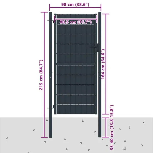 Poartă de gard, antracit, 100×164 cm, PVC și oțel