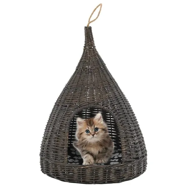 Casă de pisici cu pernă, gri, 40×60 cm, salcie naturală, teepee