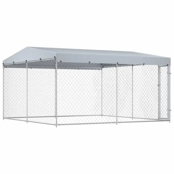 Padoc de exterior cu acoperiș pentru câini, 382x382x225 cm