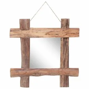 Oglindă din bușteni, natural, 50×50 cm, lemn de tec reciclat