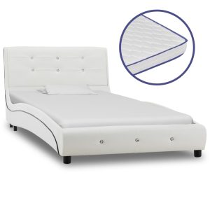 Pat cu saltea spumă memorie, alb, 90×200 cm, piele ecologică
